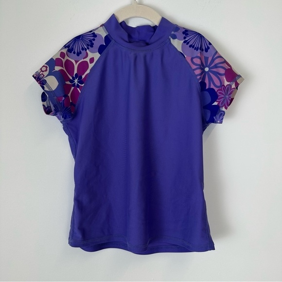 L.L. Bean Girls' Short Sleeve Sun Shirt, Size 10-12, Purple Pink Floral - Picture 1 of 5
